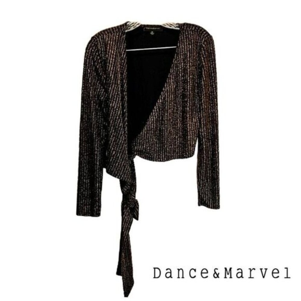 Dance and Marvel Women's Metallic Long Sleeve V Neck Tie Knot‎ Wrap Blouse